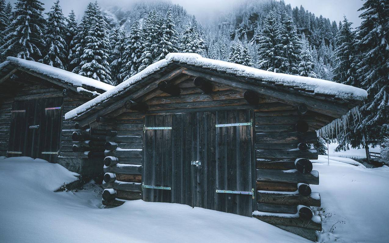 风景冰天雪地雪景小木屋高清壁纸