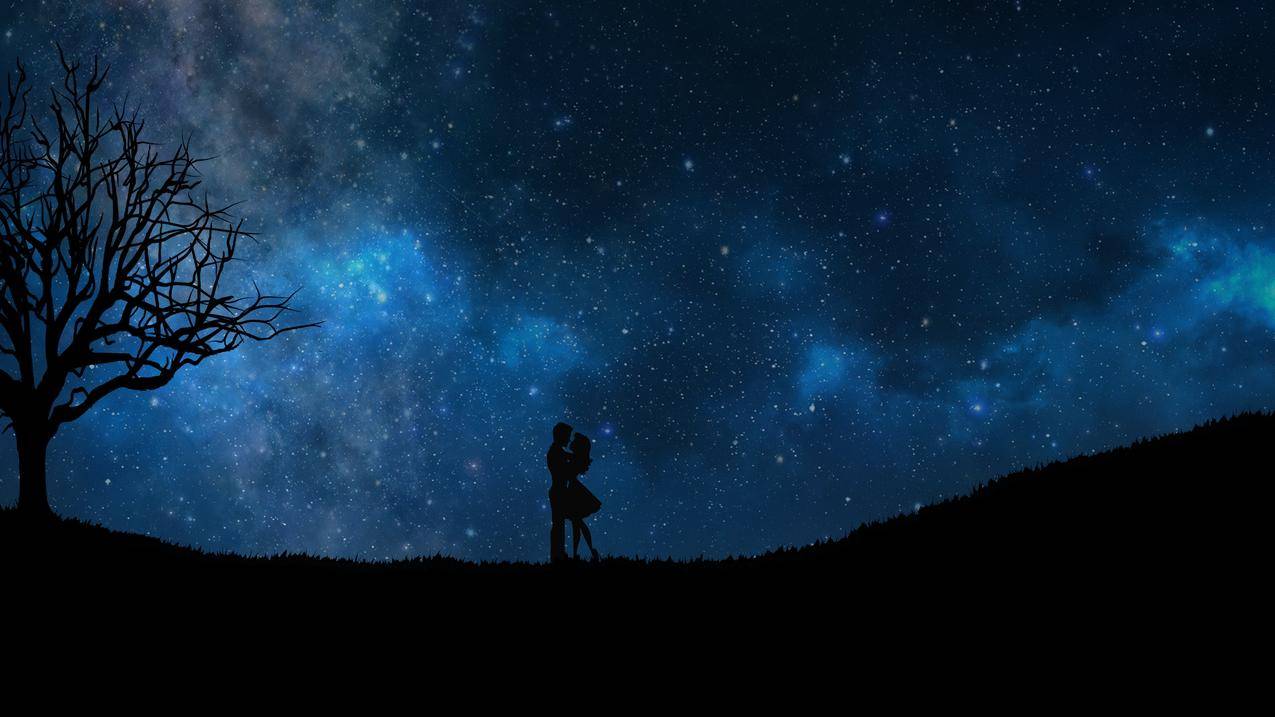 夜晚星空浪漫夫妇剪影4k壁纸
