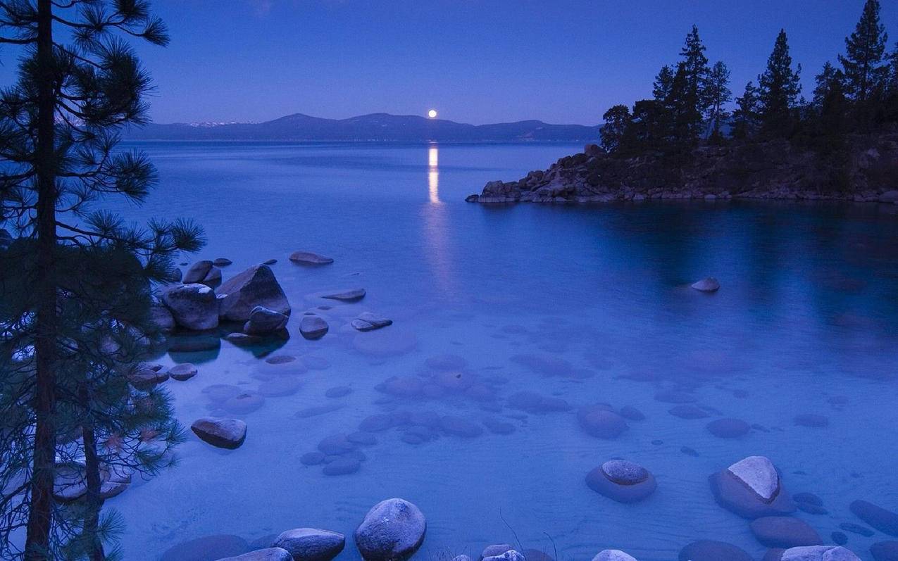 夜晚湖面高空風景風光美景旅遊自然寂靜藍色高清壁紙